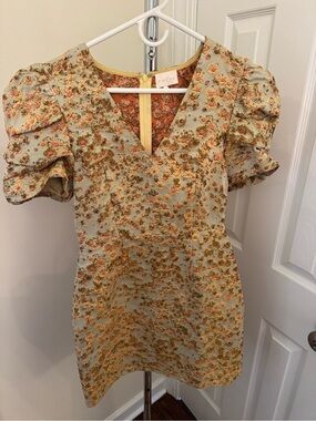 Entra Floral Puff Sleeve Mini Dress in Sage and Mustard